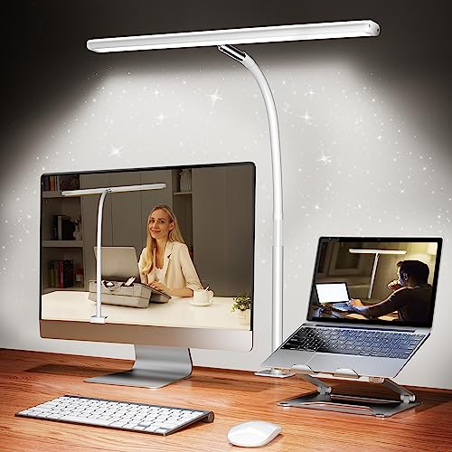 Airlonv White LED Desk Lamp with Clamp, 17-inch Stepless Dimming, Flexible Gooseneck