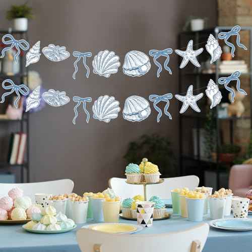 Oudain 2 Pack Blue Bow Starfish Seashell Garland 6.56 ft Blue Coastal Christmas Banner Decor Ocean Nautical Beach Christmas Ornaments Under The Sea Paper Hanging Banner for Birthday Mermaid Xmas Party