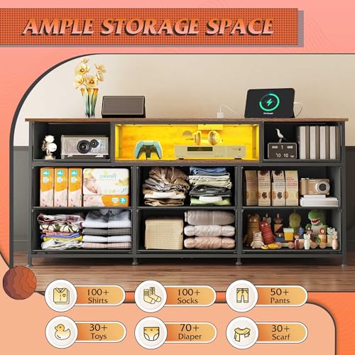 WLIVE Rustic Brown LED TV Dresser with 8 Drawers for 65 Inch TV, Storage & Lighting