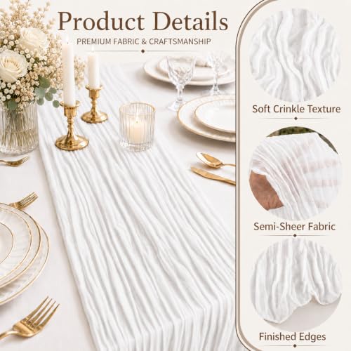 Miraluna 12-Pack White Cheesecloth Table Runners 17x108in – Semi-Sheer, No-Cut Banquet Linen (White, 12pcs)