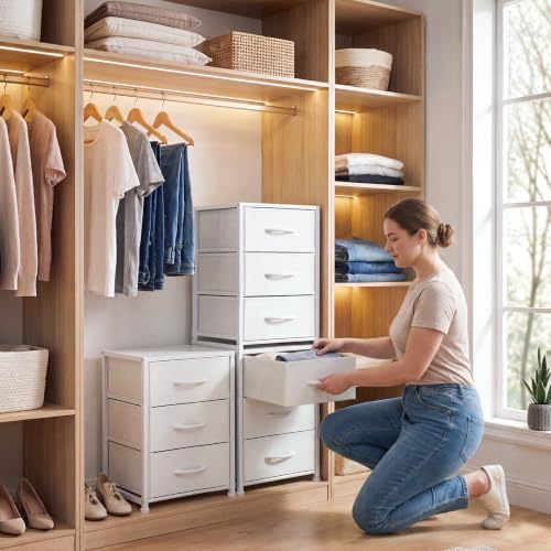 Stackable 3-Tier Closet Storage Drawers - Narrow Fabric Dresser with Wooden Top & Metal Frame, 2-Pack