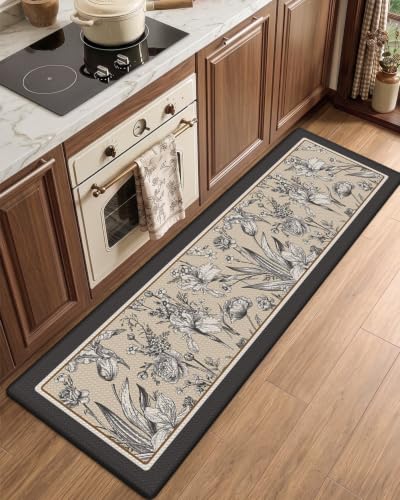 LUMI Anti-Fatigue Kitchen Mat 24x108 Inches - Cream & Dark Brown, Non-Slip, Waterproof, Cushioned Runner Rug