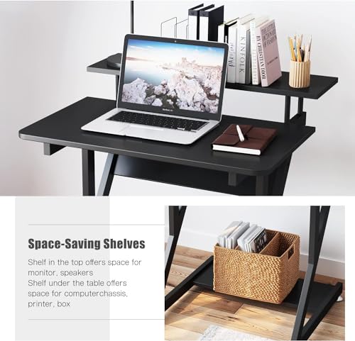 Dripex Small Computer Desk Black - 3 Tier Space Saving Desk with Monitor Shelf