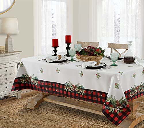 Lintex Aspen Christmas Tablecloth 60 x 102 inch Rectangle – Red & Black Buffalo Plaid with Garland Border