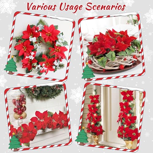 Artflower 12 Pack Poinsettias Artificial Christmas Flowers – Velvet Red Faux Poinsettias for Tree, Home & Outdoor Decor