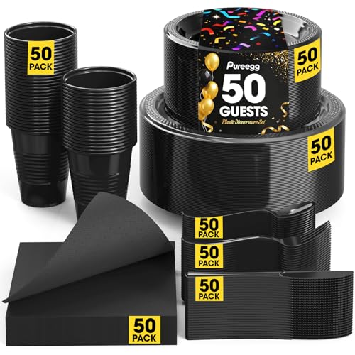 Black Plastic Plates Set 350 Pcs for 50 Guests - 9.0 Inch Dinnerware
