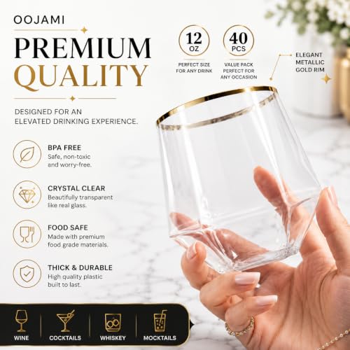 40 Pack 12 oz Disposable Plastic Wine Glasses with Gold Rim - Stemless, Reusable