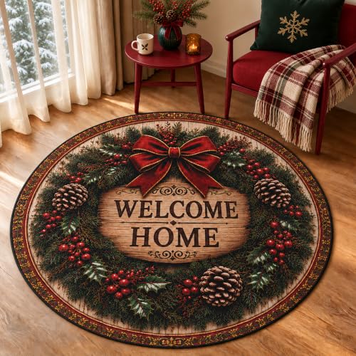 Christmas Wreath Round Rug 3.3 ft Circle Rug Xmas Entryway Carpet