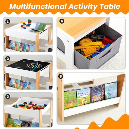 Asweets Kids 4-in-1 White Kids Table & Chair Set with Storage Drawer, 24.49 x 24.49 inches