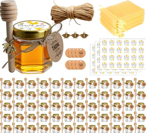 Mini Glass Honey Jars 1.5oz with Bee Accessories - 60 Pack for Favors & Storage