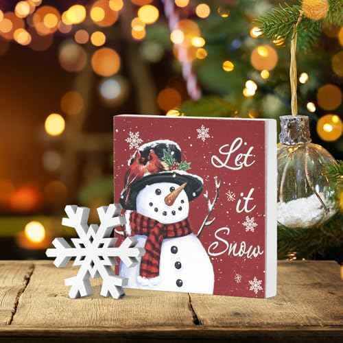 Smile Christmas Indoor Decor, Set of 2 Let it Snow Snowflake Snowman Square Sign for Desk Table Shelf Office Farm Decoration Kitchen 5 x 5 Inches.