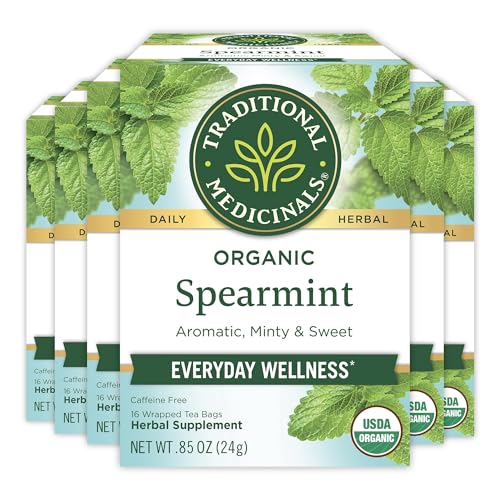 Organic Spearmint Tea Bags - 16 Count Pack of 6, Herbal, Caffeine-Free, USDA Organic, Ethical Sourcing
