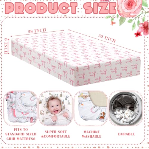 Peryiter 4 Pack Pink Crib Sheets with Coquette Bow - Fitted Microfiber Bedding for Standard Cribs 52'' x 28''