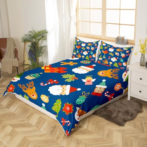 Feelyou Xmas Elk Deer Duvet Cover Set Kids Santa Claus Decorative Bedding Set Cute Penguin Comforter Cover Set for Women Men Room Decor Lightweight Navy Blue Bedspread Cover with 2 Pillow Cases