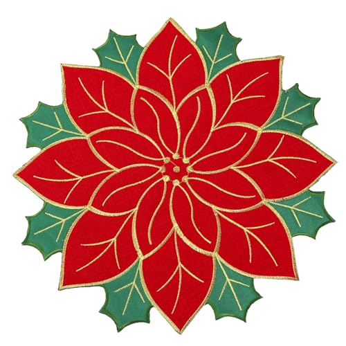 Ganeen 12 Pcs Christmas Poinsettia Placemats Set Embroidered Red