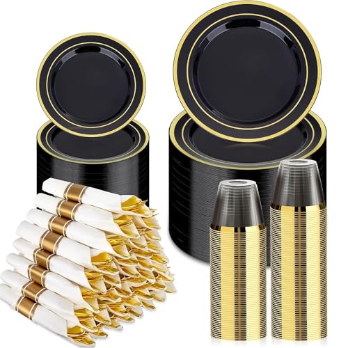 Black Gold Disposable Dinnerware Set for 50 Guests - 350 Pieces