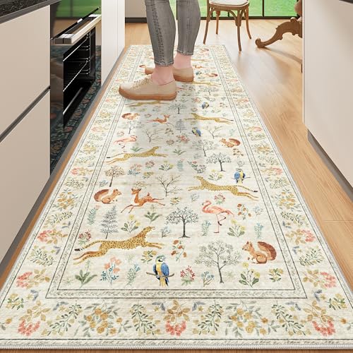 BEIGE 2x6 Runner Rug with Animal Pattern, Washable Non-Slip Kitchen Mat