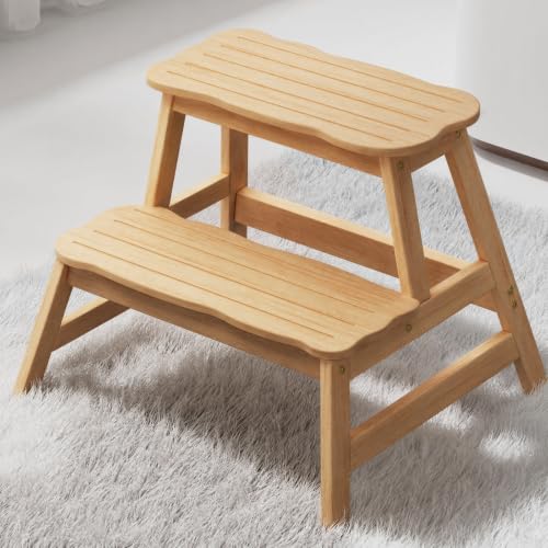 Natural Kids Step Stool with Cloud Design - 2-Step Bathroom & Kitchen Helper - Supports 300 lbs