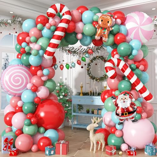 Togvu Christmas Balloon Garland Kit - Red Pink Green Candy Cane Foil Balloons, 128 Latex Balloons & 6 Foil Balloons
