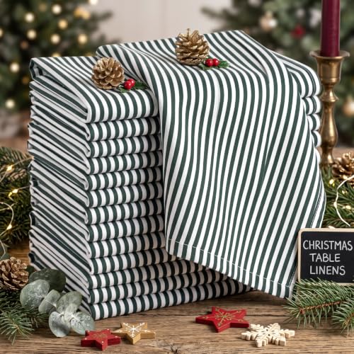 Set of 12 Christmas Green Striped Linen Cotton Napkin 18" x