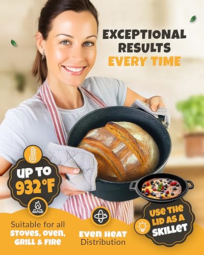 CRUSTLOVE 5 QT Pre-Seasoned Dutch Oven for Bread Baking with Lid and