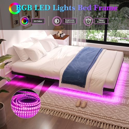 Queen Size Floating Bed Frame with Smart LED Lights - Modern Suspended Design