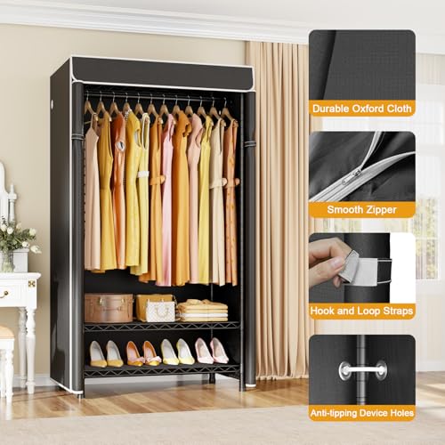 ULIFHOME H5C Clothes Rack with Cover - Heavy Duty Black Wardrobe Organizer