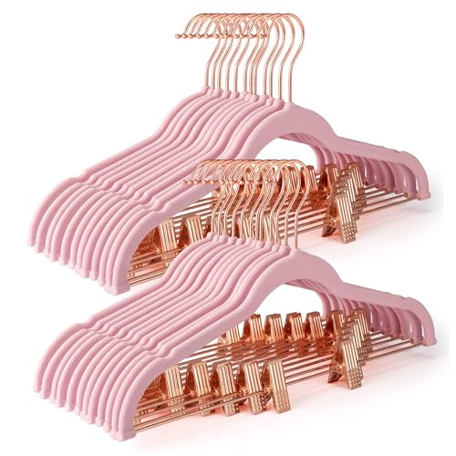 Peach Pink Velvet Pants Hangers with Clips - 24 Pack with Rose Gold Hooks