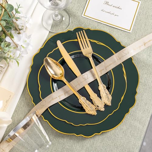 Liacere Green Plastic Plates 350pc Set with Gold Rim, 50 Guests Includes Napkins, Silverware & Cups - Green/Gold, 50 Dessert Plates