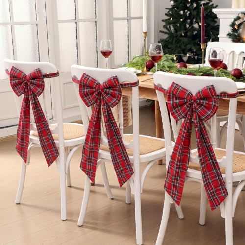 6pcs Christmas Chair Bows Decorations, 12x30in, Red, Tartan