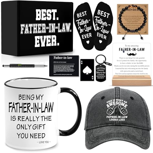 Father-in-Law Gift Set with Mug, Cap, Socks, Jewelry & More - 10 Pcs