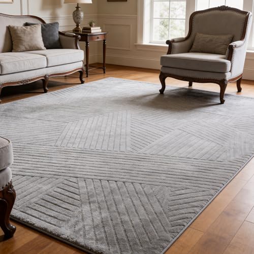 Grey Geometric Washable Area Rug 5x7 - Non-Slip Modern Living Room Floor Cover