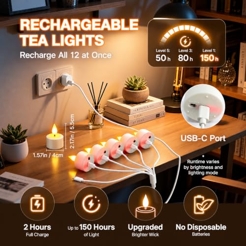 White Rechargeable Flameless Tea Lights with Remote 12pcs - USB & Timer