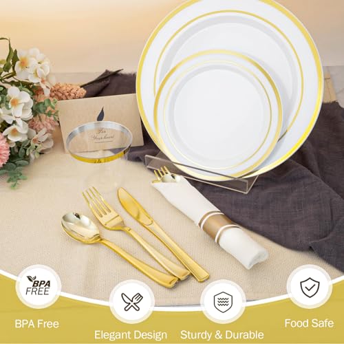 N9R White and Gold Disposable Plastic Plates Set for 50 Guests - Heavy Duty, BPA-Free