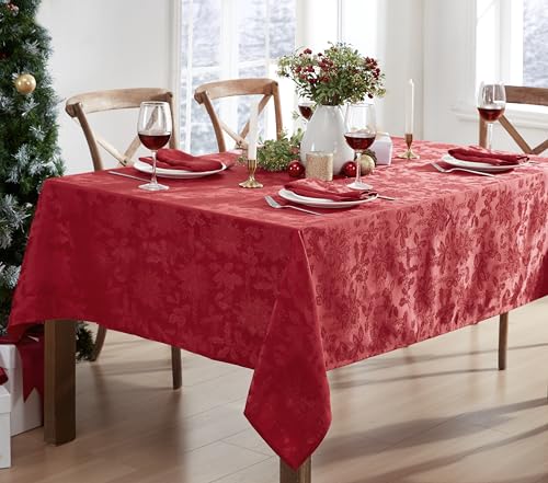 Newbridge Red Christmas Carol Damask Rectangular Tablecloth 120x60 Inch - Holiday Wrinkle-Free Fabric Cover