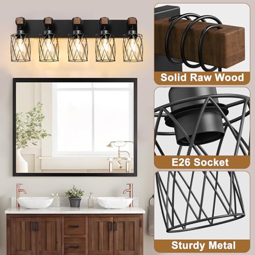 Black Farmhouse Bathroom Vanity Light - 5-Light Wood & Metal Fixture, Over Mirror