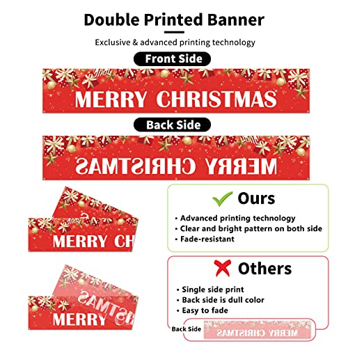 Probsin Large Merry Christmas Banner 120" x 20" Xmas Outdoor Decorations Double Printed Red Stars Presents Yard Sign Holiday Party Supplies Backdrop Home Decor for Garden House Fence Garage Indoor