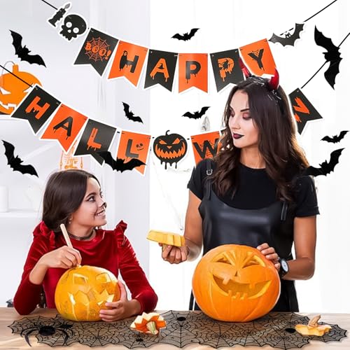 CMXZSAM Black Halloween Decor Set with Mantel Scarf, Table Runner, 3D Bats & Spiders, Banner