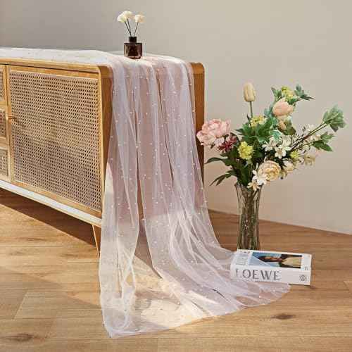 10FT White Pearl Table Runner, Dessert Fabric Tulle Table Runner Cloth for Wedding Birthday Bridal Shower Wedding Arch Veil Decorations