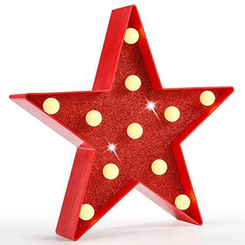 Pooqla Star Marquee Lights, Glitter LED Marquee, Red Light Up Star - Battery Powered Night Light for Birthday Party, Wedding, Christmas Decoration