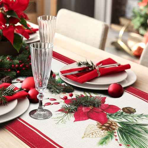 Bonhause Christmas Poinsettia Table Runner 13x72 Inch Red Floral Pine Branch Seasonal Winter Holiday Kitchen Dining Table Decoration for Indoor Outdoor Home Party Decor