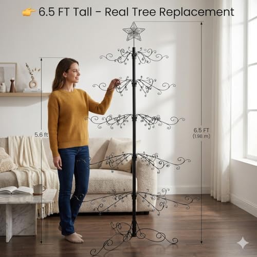 Black Ornament Display Tree Stand 6.5 Ft for Christmas Decorations with 174 Hooks