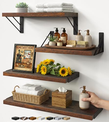 Wall Mounted Floating Shelves Set of 4 - Rustic Brown, 16 Inches - C. Rustic Brown Board & Black Brackets