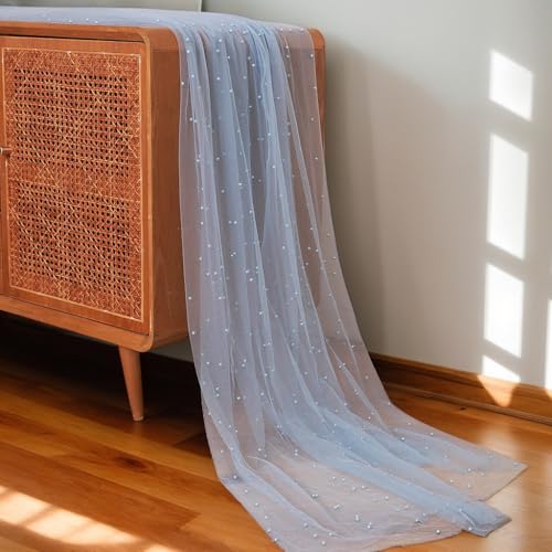 Blue Pearl Tulle Table Runner 10ft with 29.5" x 120" Pearl Cut Edge, Quandjk