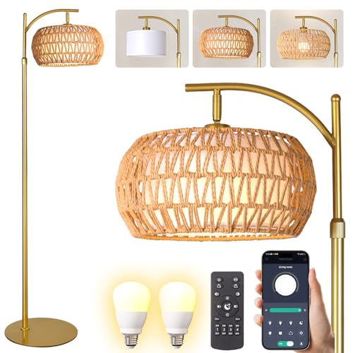DRAWNCAT Boho Gold Rattan Floor Lamp with Remote, Dimmable 2700K-6000K, Adjustable & 2-in-1 Wicker & Fabric Shade