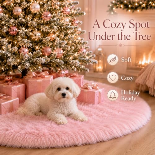 AOGU 60 Inch Pink Faux Fur Christmas Tree Skirt for Holiday Decor