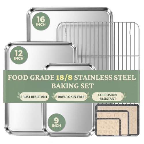 3-Piece Stainless Steel Baking Sheet Set with Racks & Mats - 16x12, 12x10, 9x7 Inches