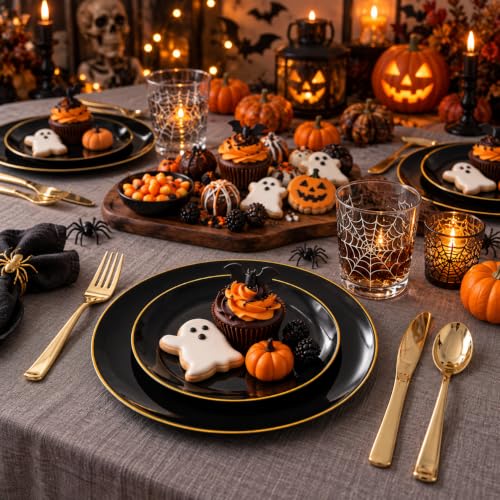 Black and Gold Disposable Plates Set - 100 Pcs, Includes 10.25-inch Dinner & 7.5-inch Dessert Plates, Party & Wedding Tableware, Variation of Black and Gold / 100 PCS