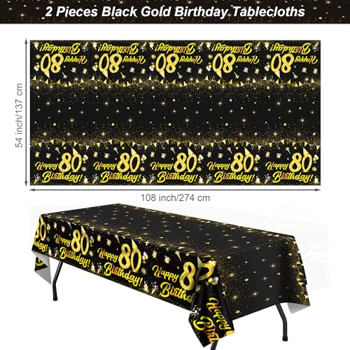 Durony Black Gold 80th Birthday Tablecloth 2 Pack, Waterproof PVC 108 x 54 in