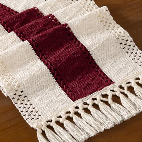 DeZerlor Ivory & Burgundy Boho Farmhouse Macrame Table Runner 12 x 48 Inches